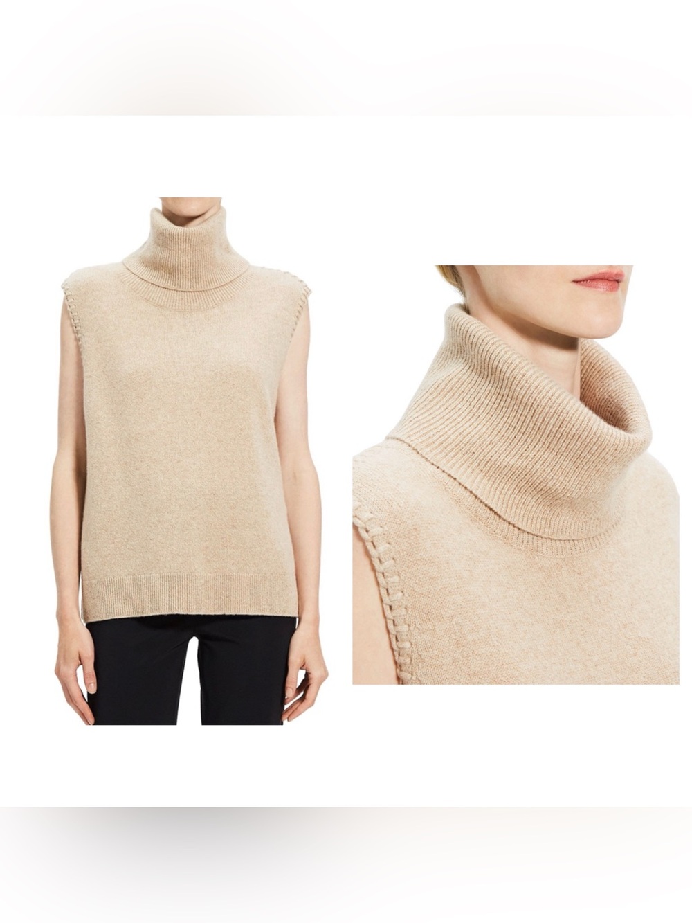 NWT Theory Cashmere Blanket Stitch Turtleneck Sweater Vest in Beige Neutral